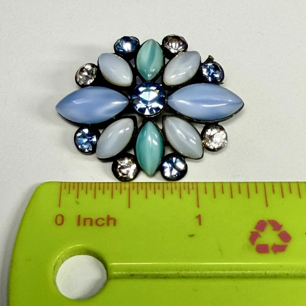 Vintage 80s Liz Claiborne Floral Brooch Blue Mint Milk Glass Rhinestone Cluster